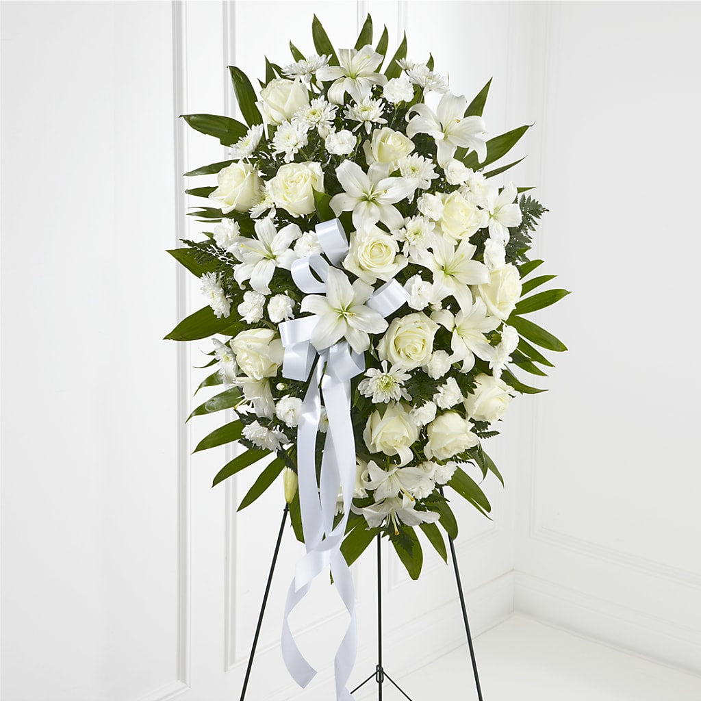 Exquisite Tribute Standing Spray-White Ribbon – Flowers Of Naples, Naples FL